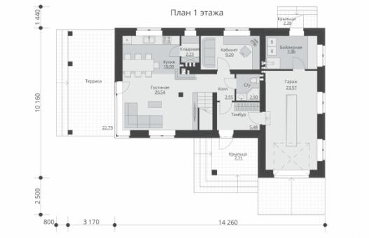 Проект двухэтажного жилого дома с гаражом и террасами